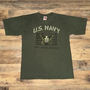 VTG Bayside U.S. Navy T-Shirt Honor Courage Commitment Green Sz M Made In USA